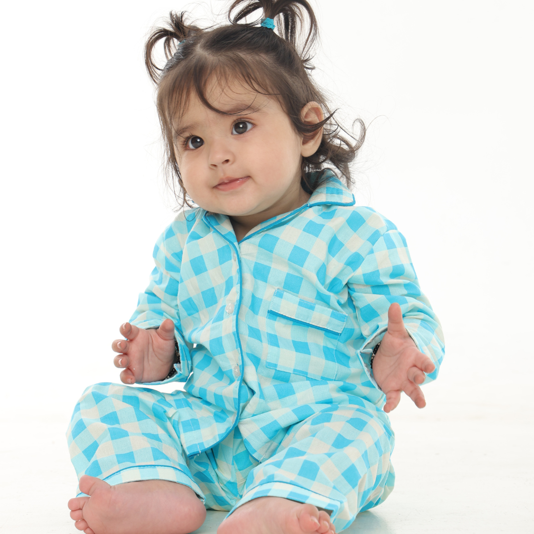 Blue Gingham Full Sleeves Night Suit