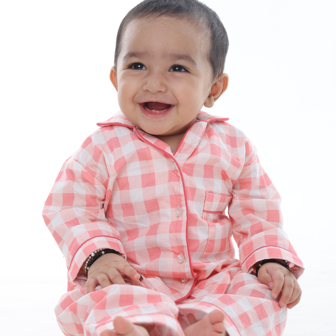 Pink Gingham Full Sleeves Night Suit