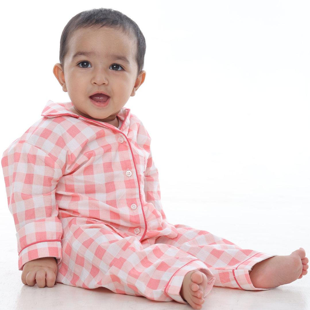 Pink Gingham Full Sleeves Night Suit