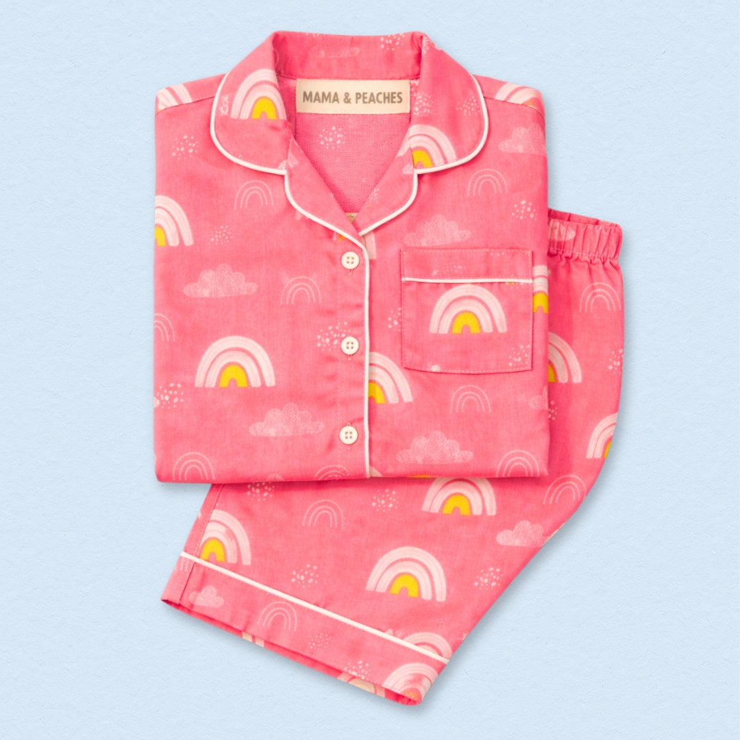 Pink Rainbows Full Sleeves Night Suit, featuring a playful rainbow pattern on a soft pink fabric.