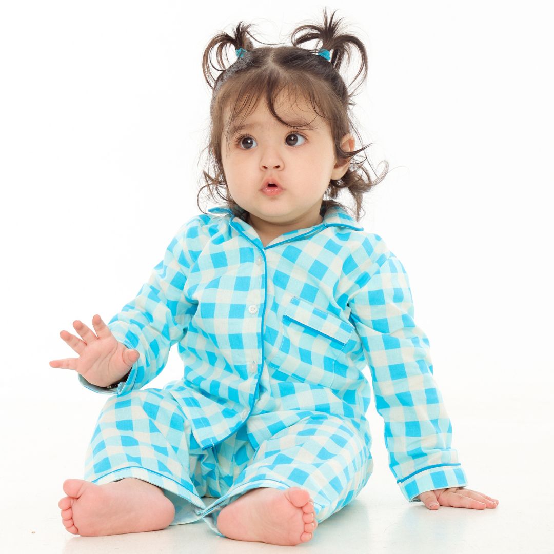 Blue Gingham Full Sleeves Night Suit