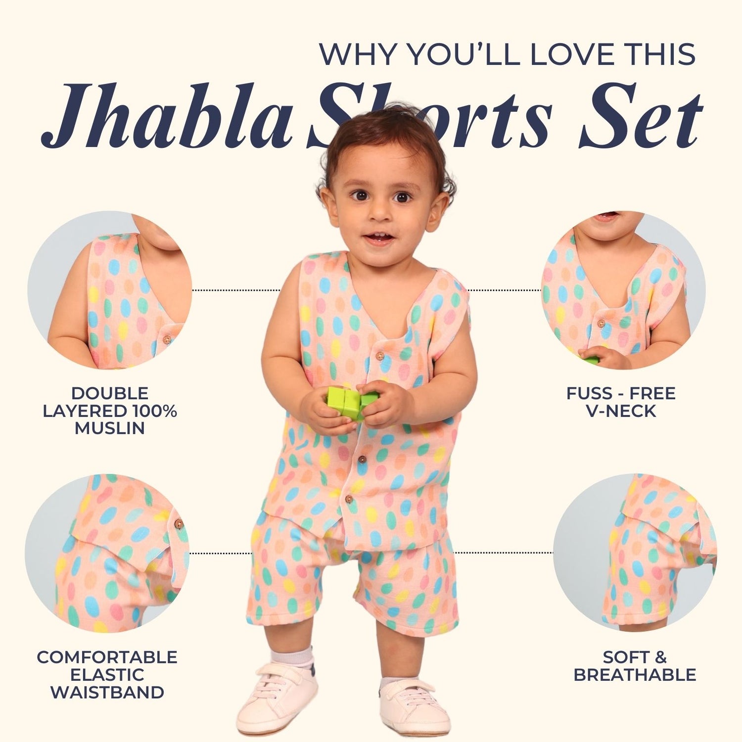 100% Cotton Muslin Jhabla Top with Shorts, Colorful Polka