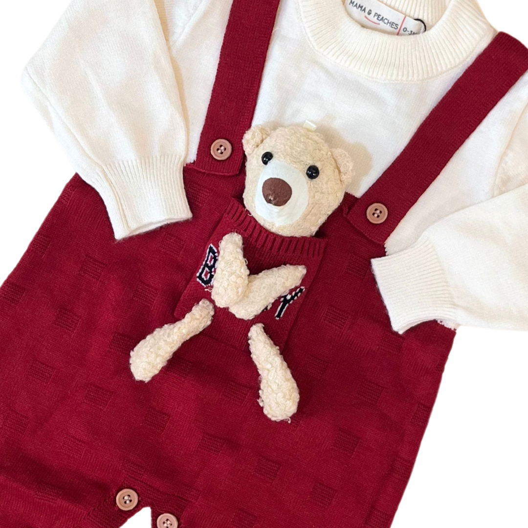 Red Bear Knitted Romper with Cap + Toy