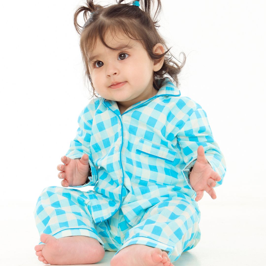 Blue Gingham Full Sleeves Night Suit