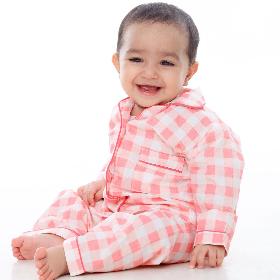 Pink Gingham Full Sleeves Night Suit