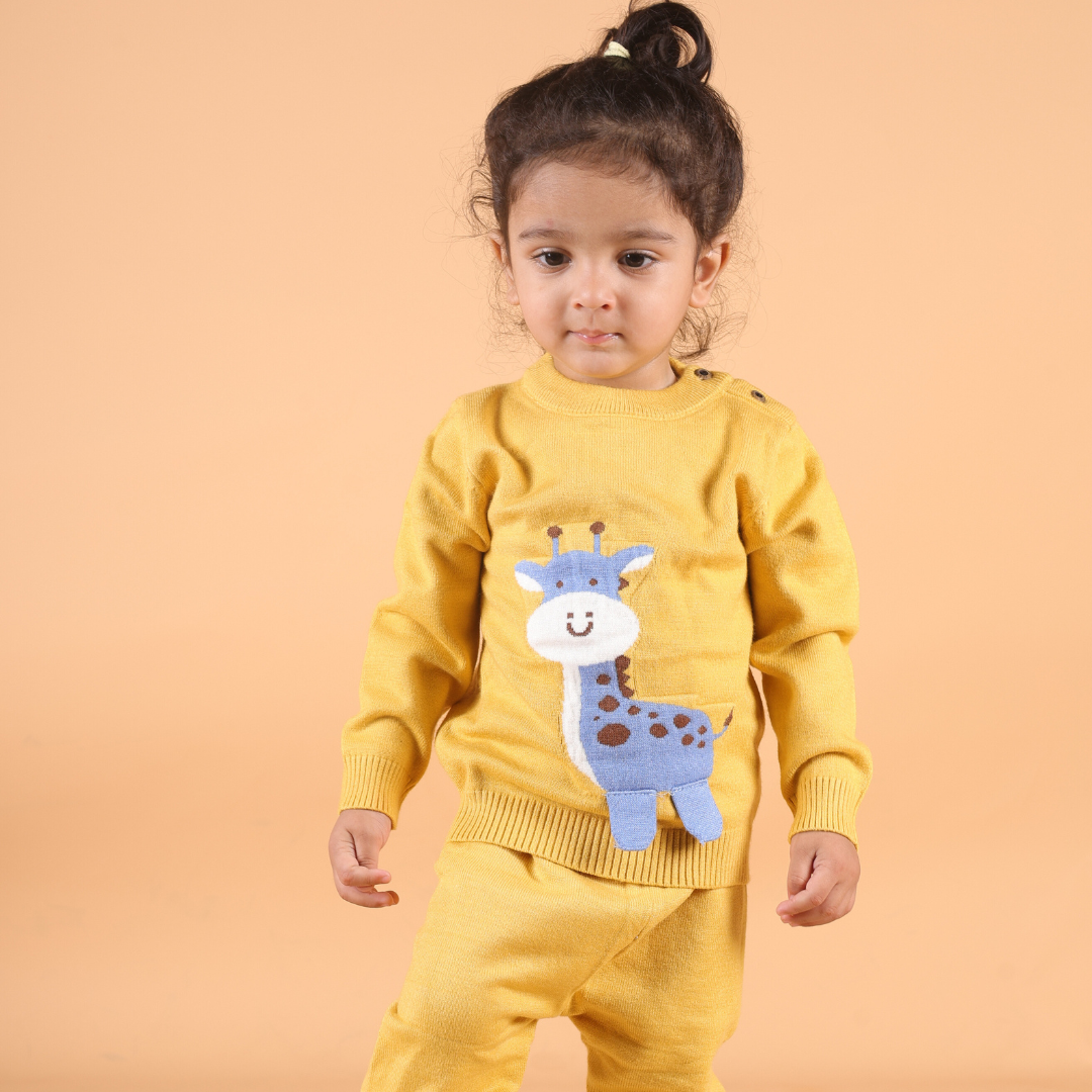 Cute Giraffe Knitted Co-Ord Set - Mustard