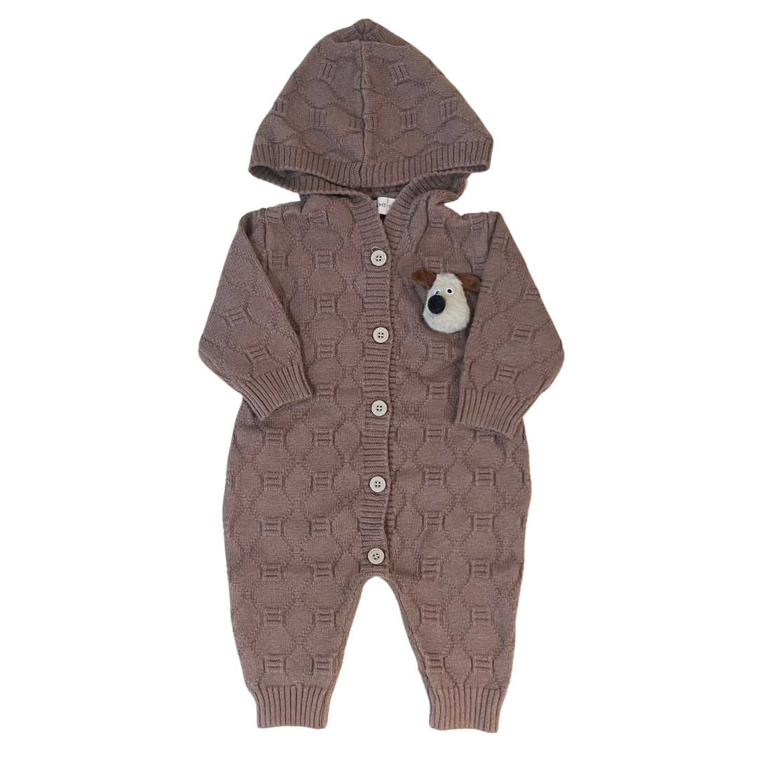 Brown Puppy Hooded Knitted Romper