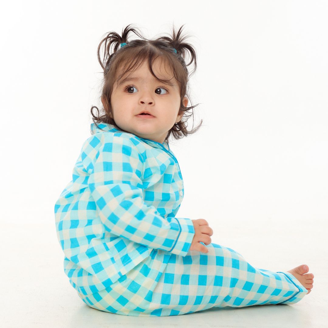 Blue Gingham Full Sleeves Night Suit