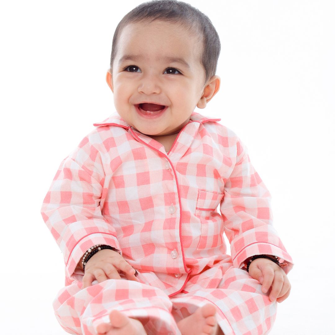 Pink Gingham Full Sleeves Night Suit