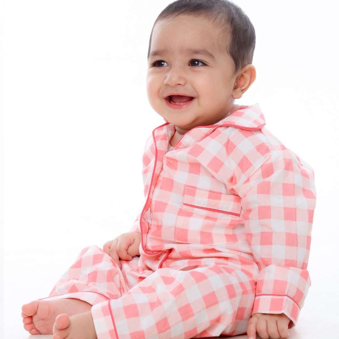 Pink Gingham Full Sleeves Night Suit