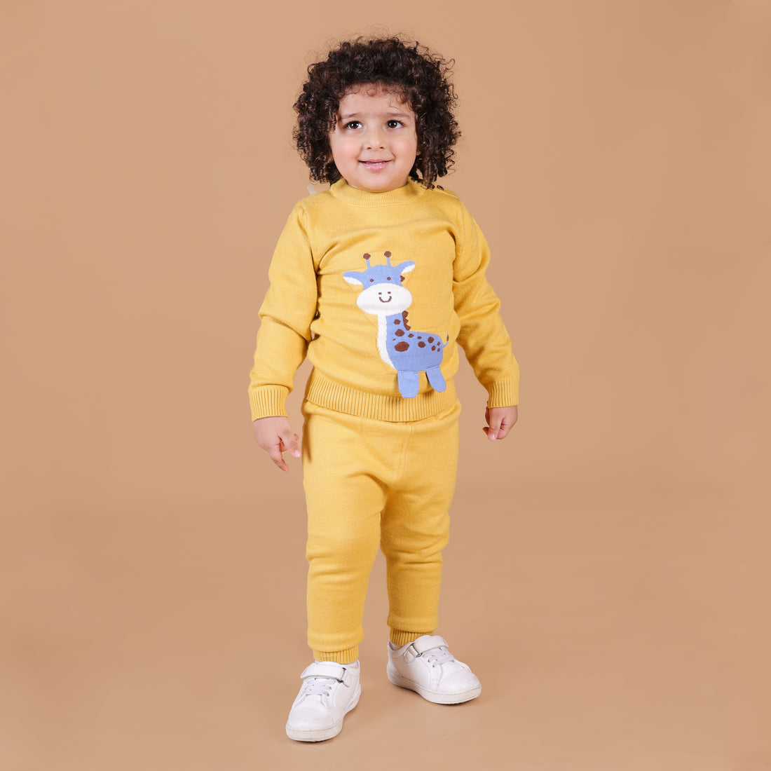 Cute Giraffe Knitted Co-Ord Set - Mustard