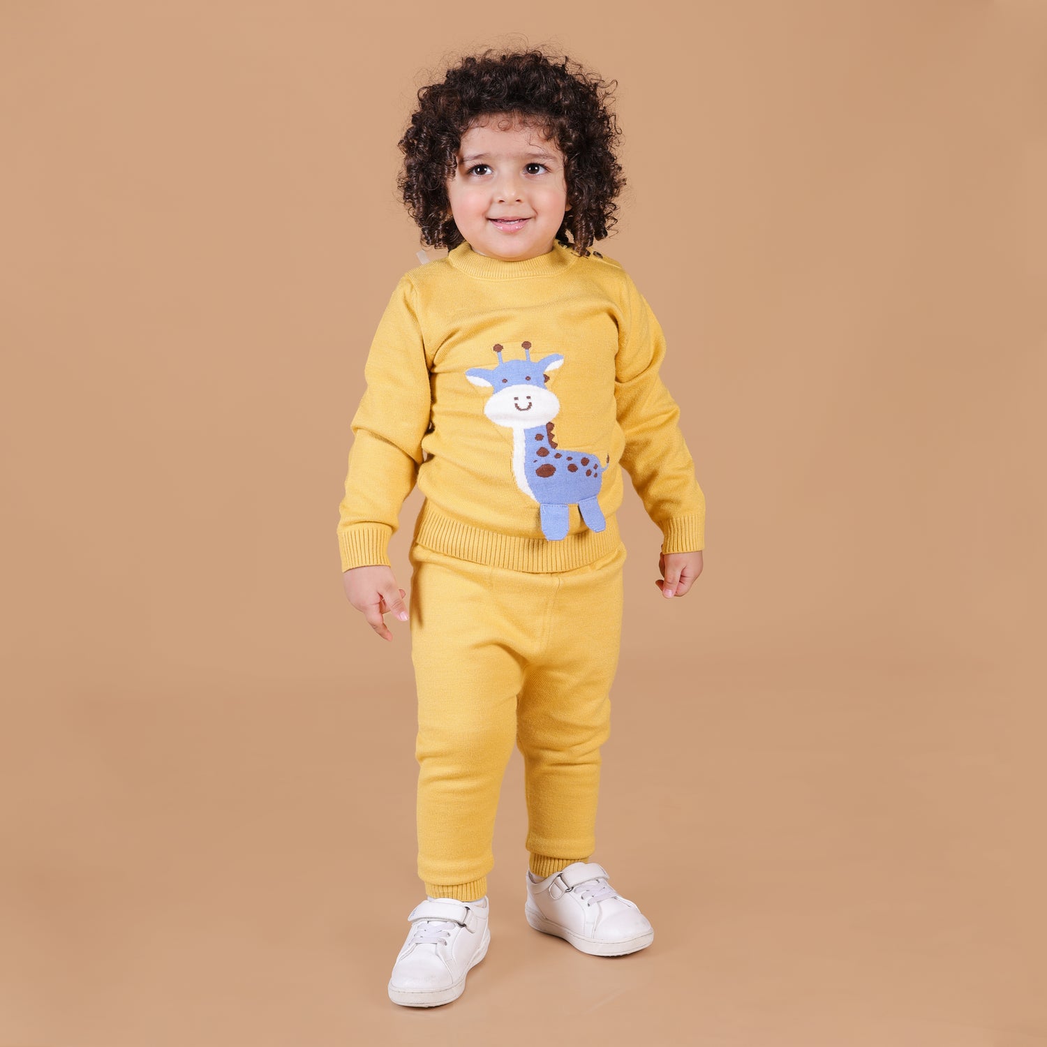 Cute Giraffe Knitted Winter Co-Ord Set - Mustard