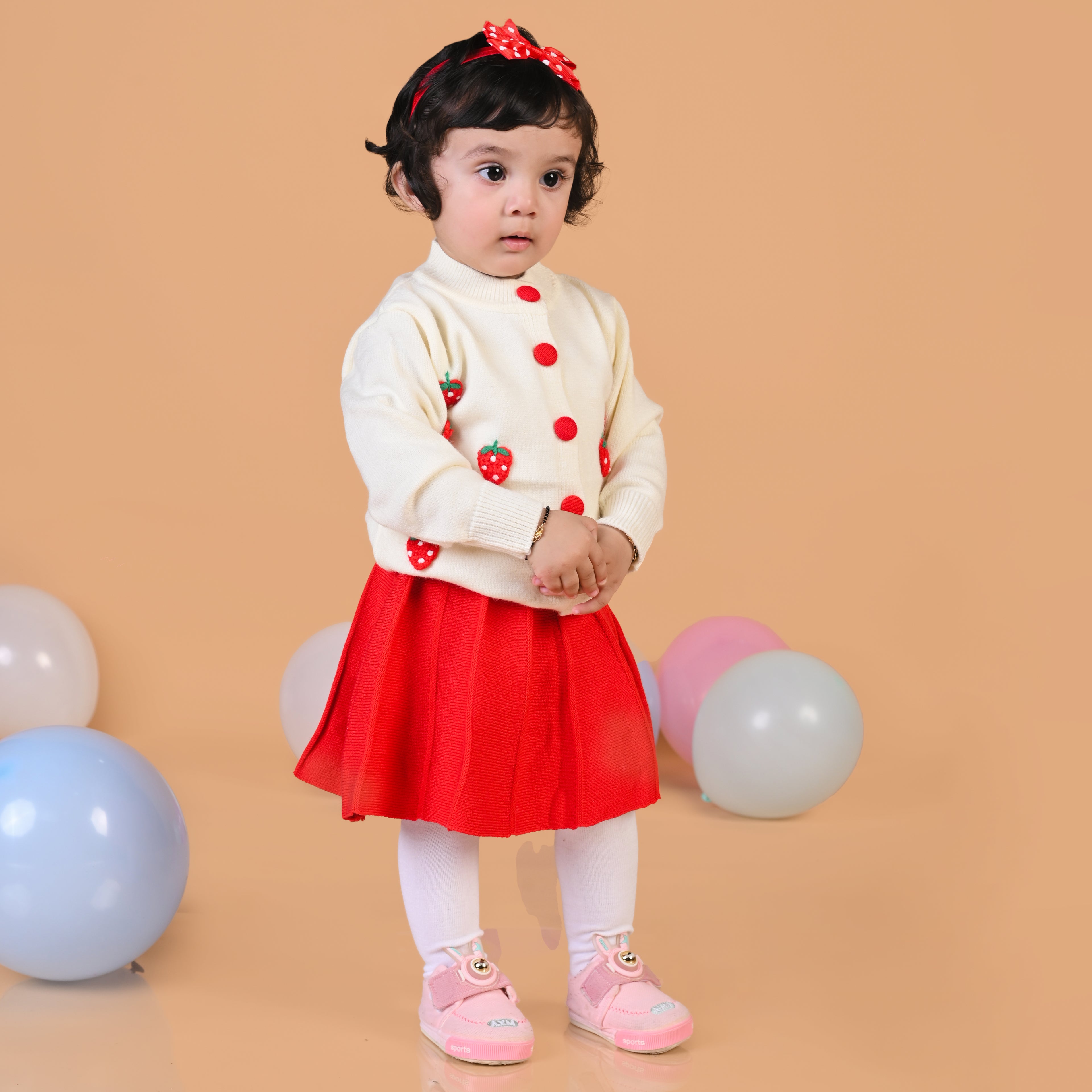 Embroidered Strawberry Knitted Winter Skirt Set