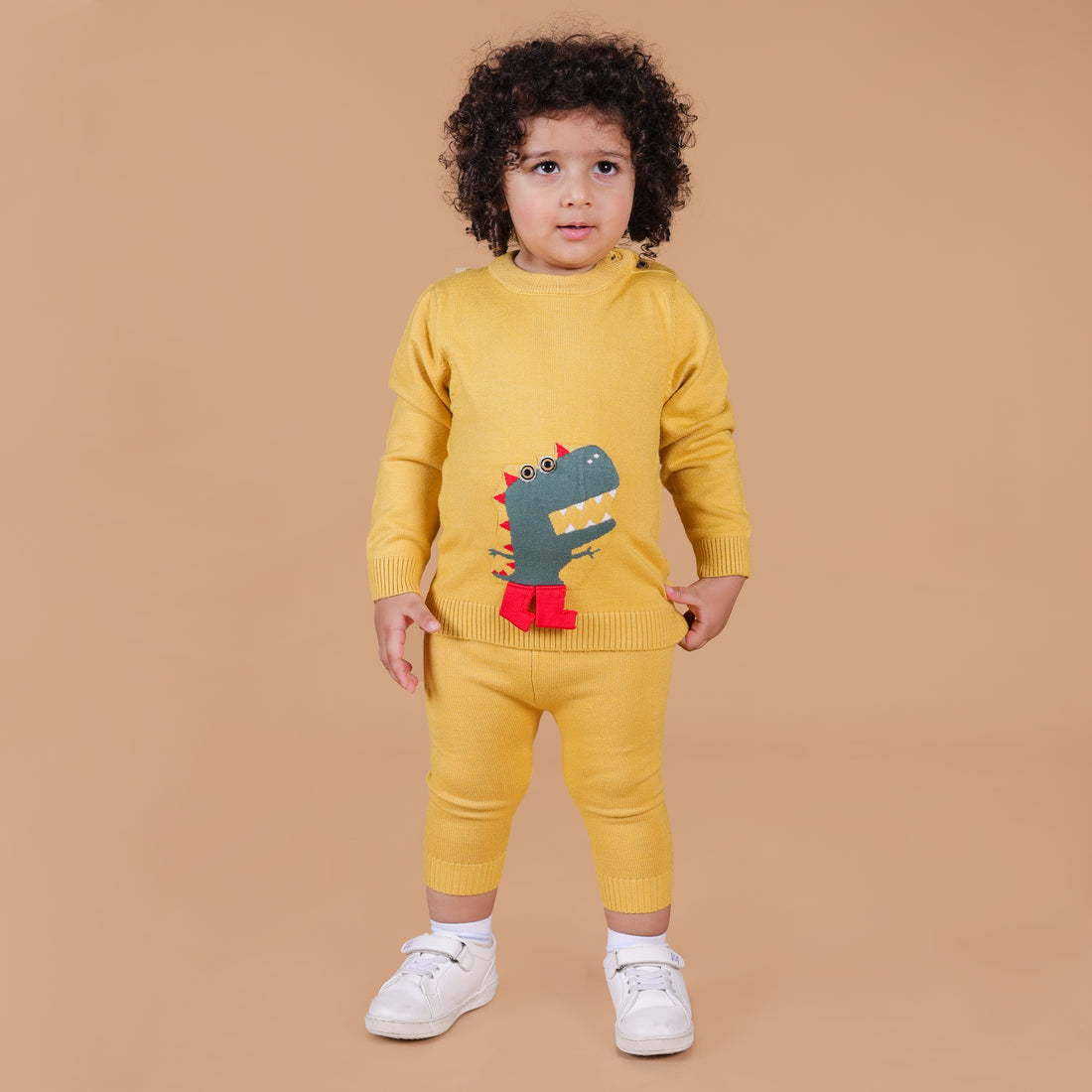 Mighty Dino Knitted Winter Co-Ord Set - Yellow