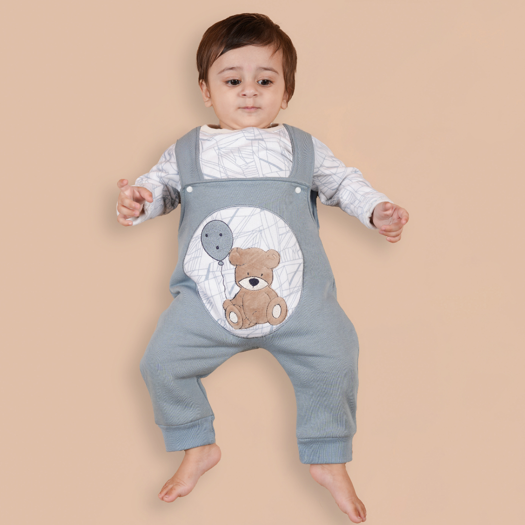 Blue Teddy 2-Pc Romper Style Dungaree Set
