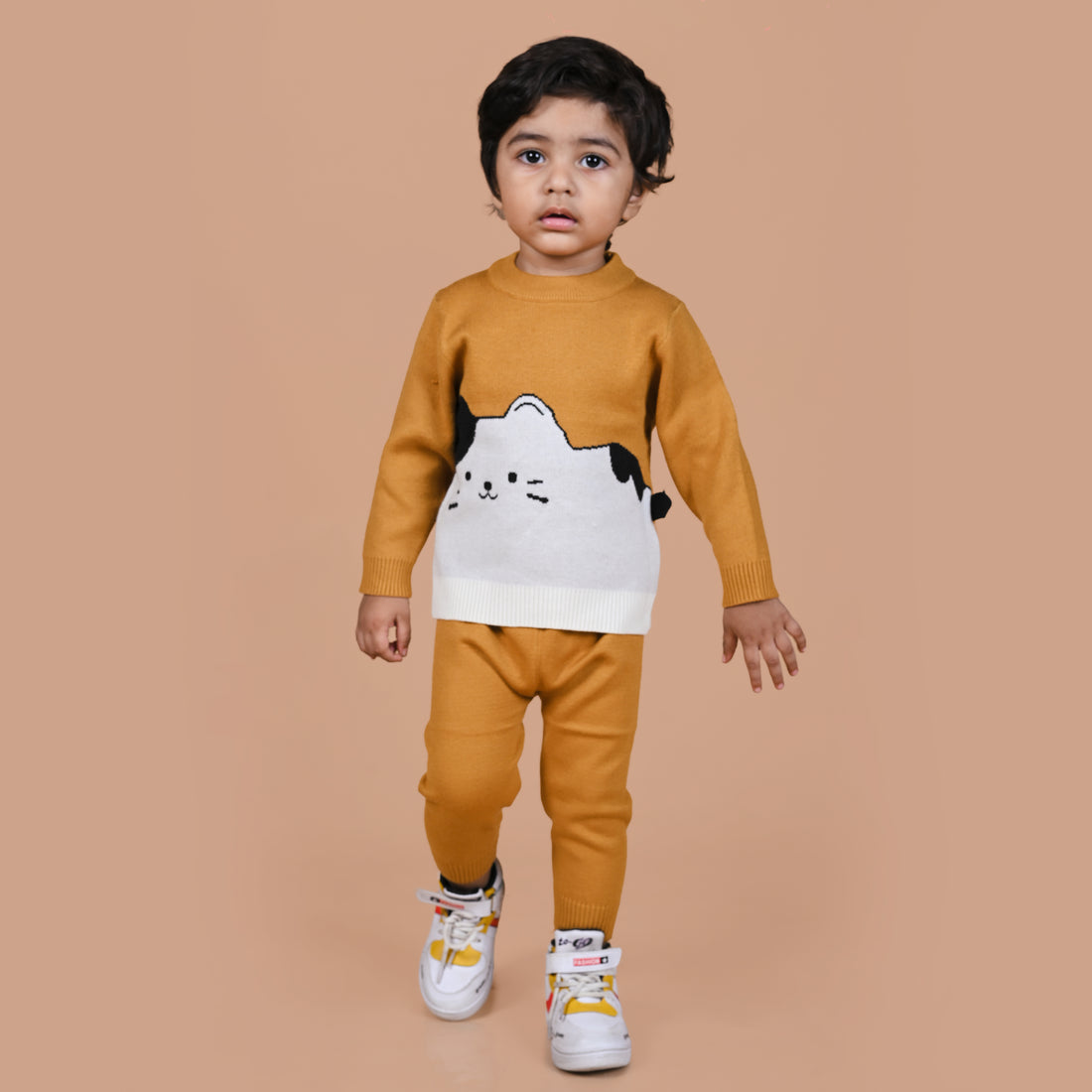 Cute Kitten Knitted Winter Co-Ord Set - Mustard