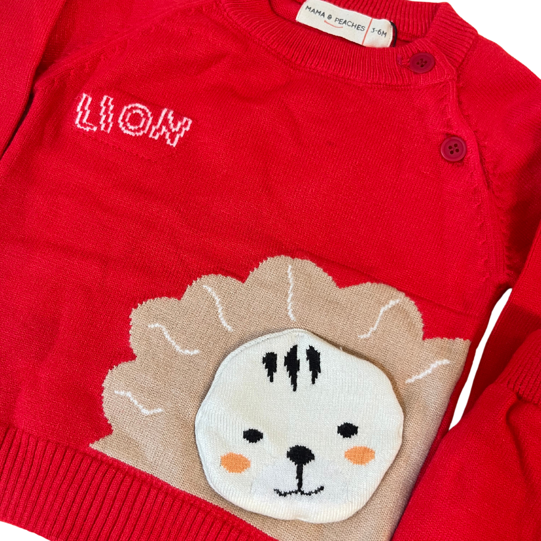 Lion Knitted Co-ord Set- Red