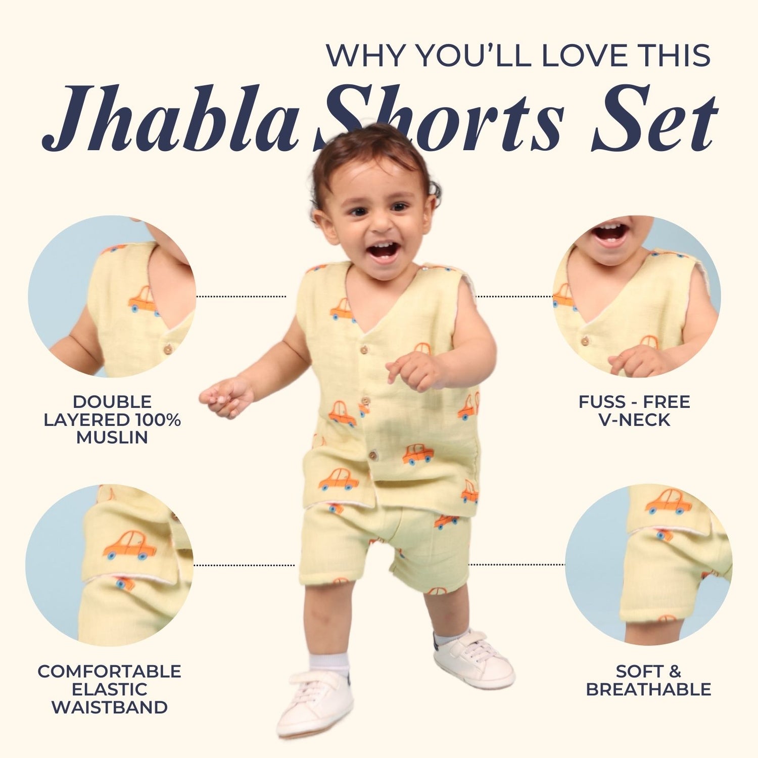 100% Cotton Muslin Jhabla Top with Shorts, Cars