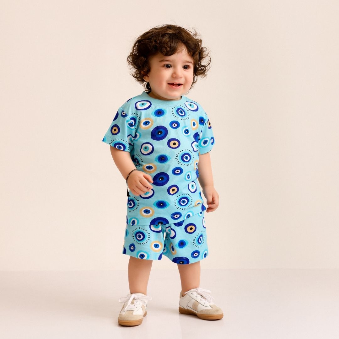 Blue Evil Eye Cotton T-Shirt & Shorts Set
