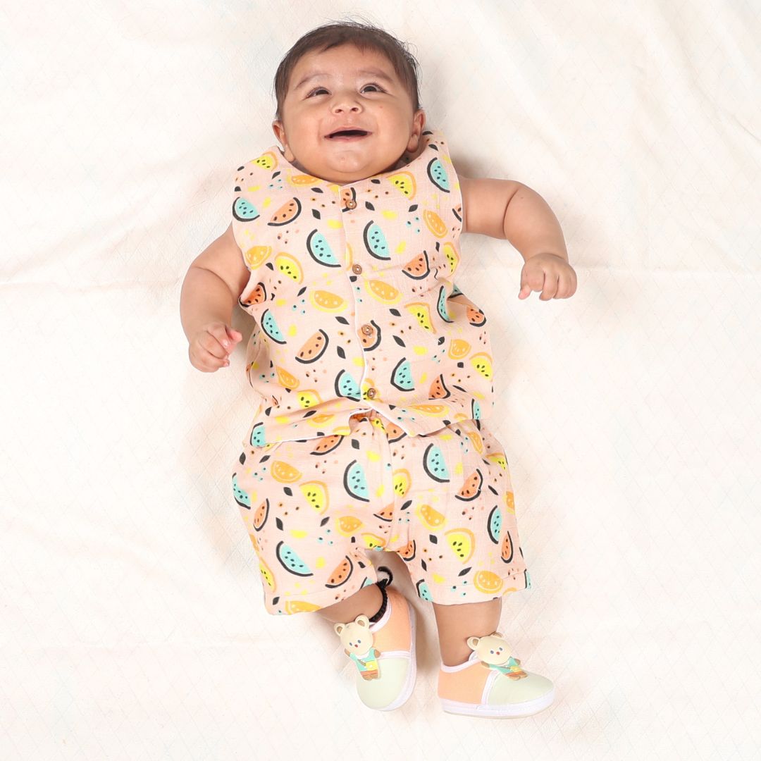 100% Cotton Muslin Jhabla Top with Shorts, Vibrant Lemons