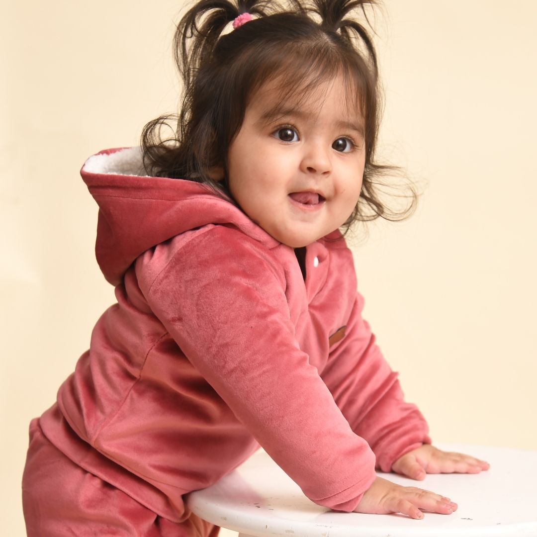 Rose Peach Teddy Velvet Co-ord Set with Sherpa