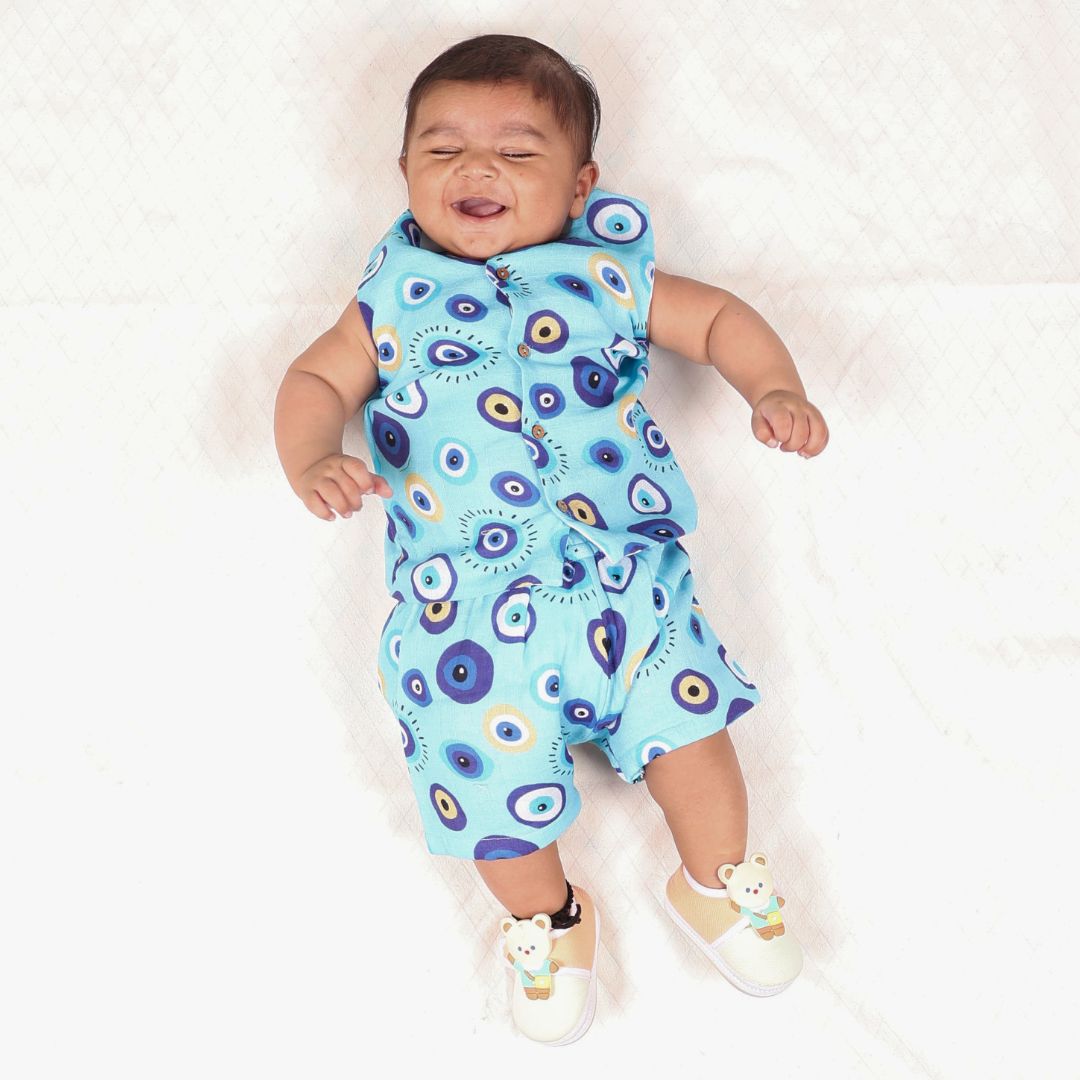 100% Cotton Muslin Jhabla Top with Shorts, Blue Evil Eye