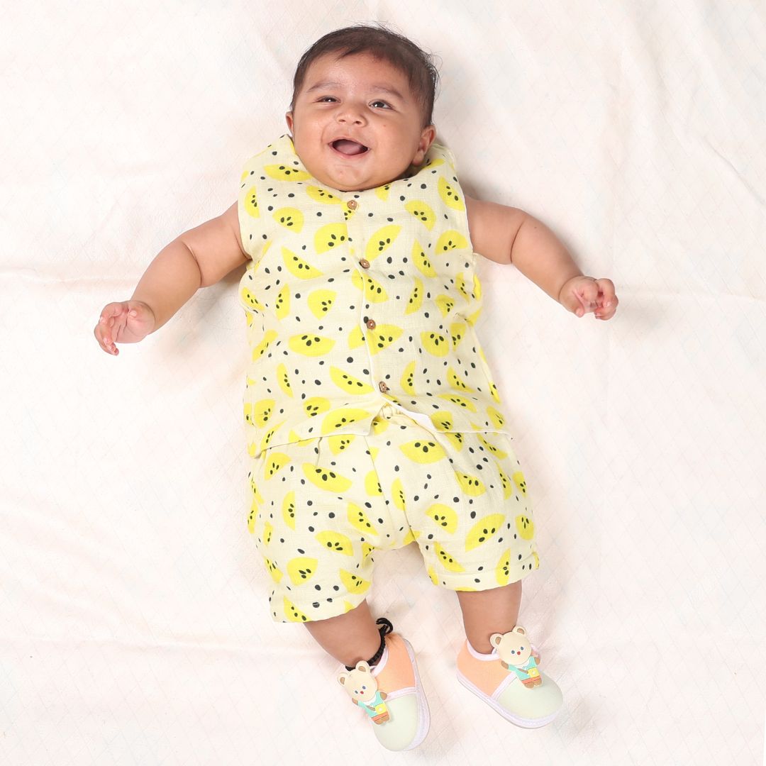 100% Cotton Muslin Jhabla Top with Shorts, Yellow Lemons