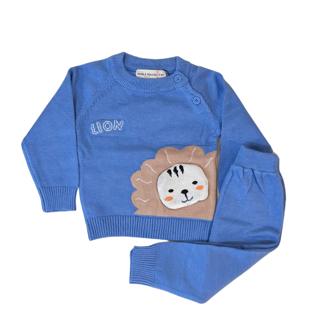 Lion Knitted Co-ord Set- Blue