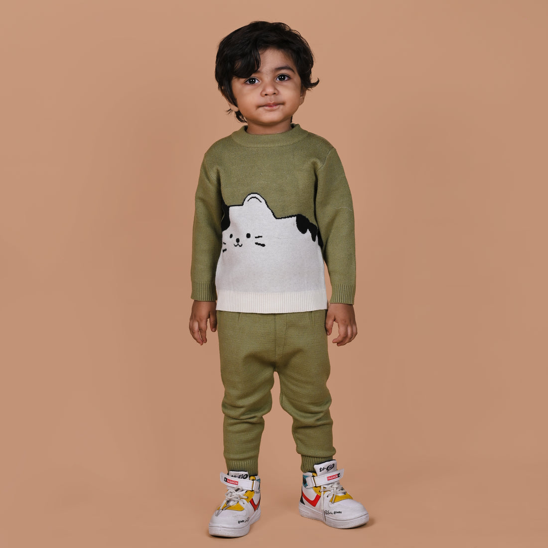 Cute Kitten Knitted Co-Ord Set - Green