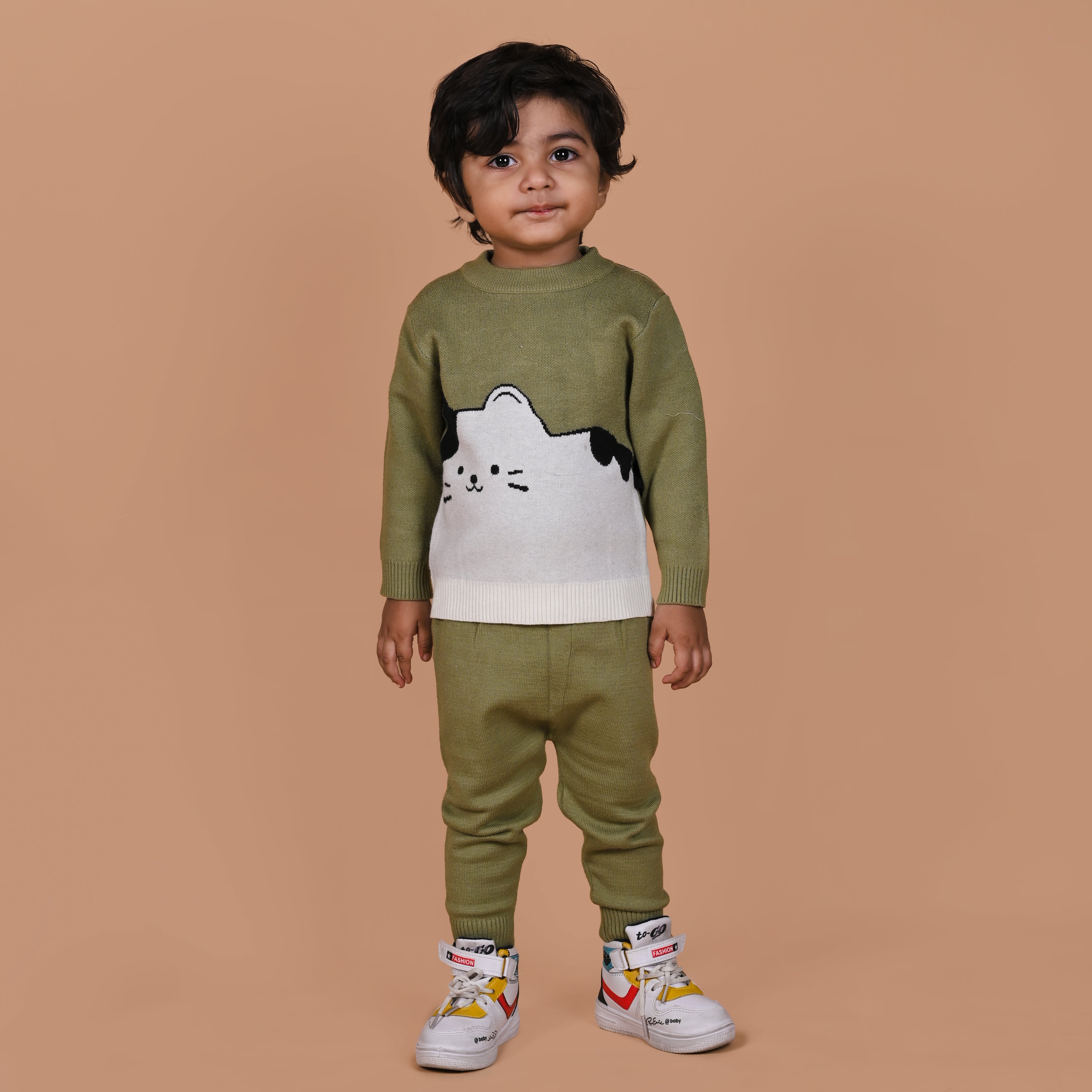 Cute Kitten Knitted Winter Co-Ord Set - Green