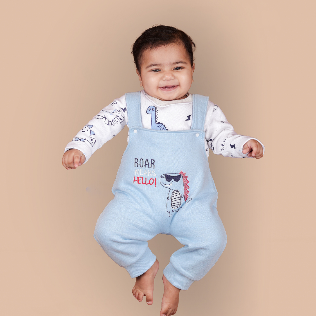 Blue Dino 2-Pc Romper Style Dungaree Set