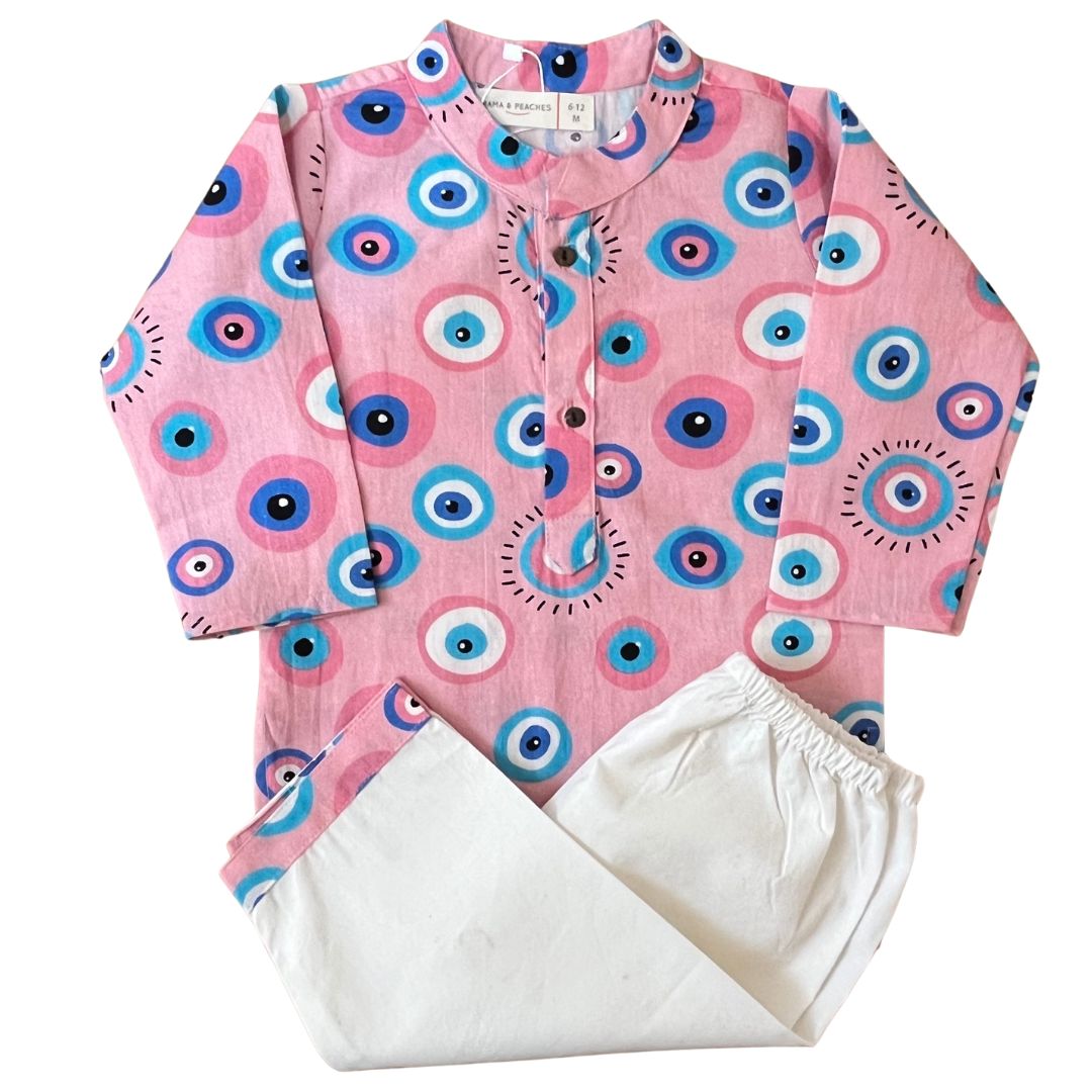 Pink Evil Eye Cotton Kurta Set