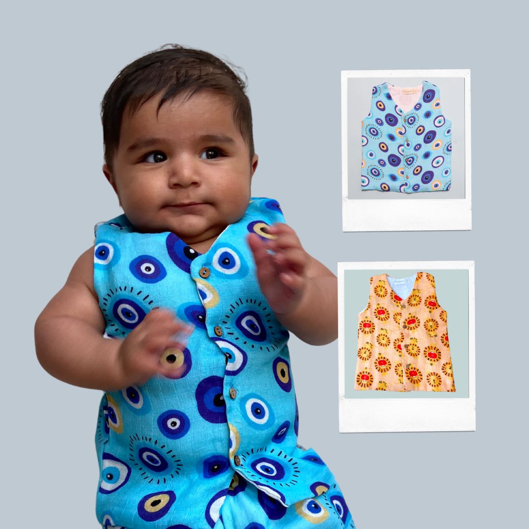 Muslin Vest 2pc Combo - Blue Evil Eye & Lion King