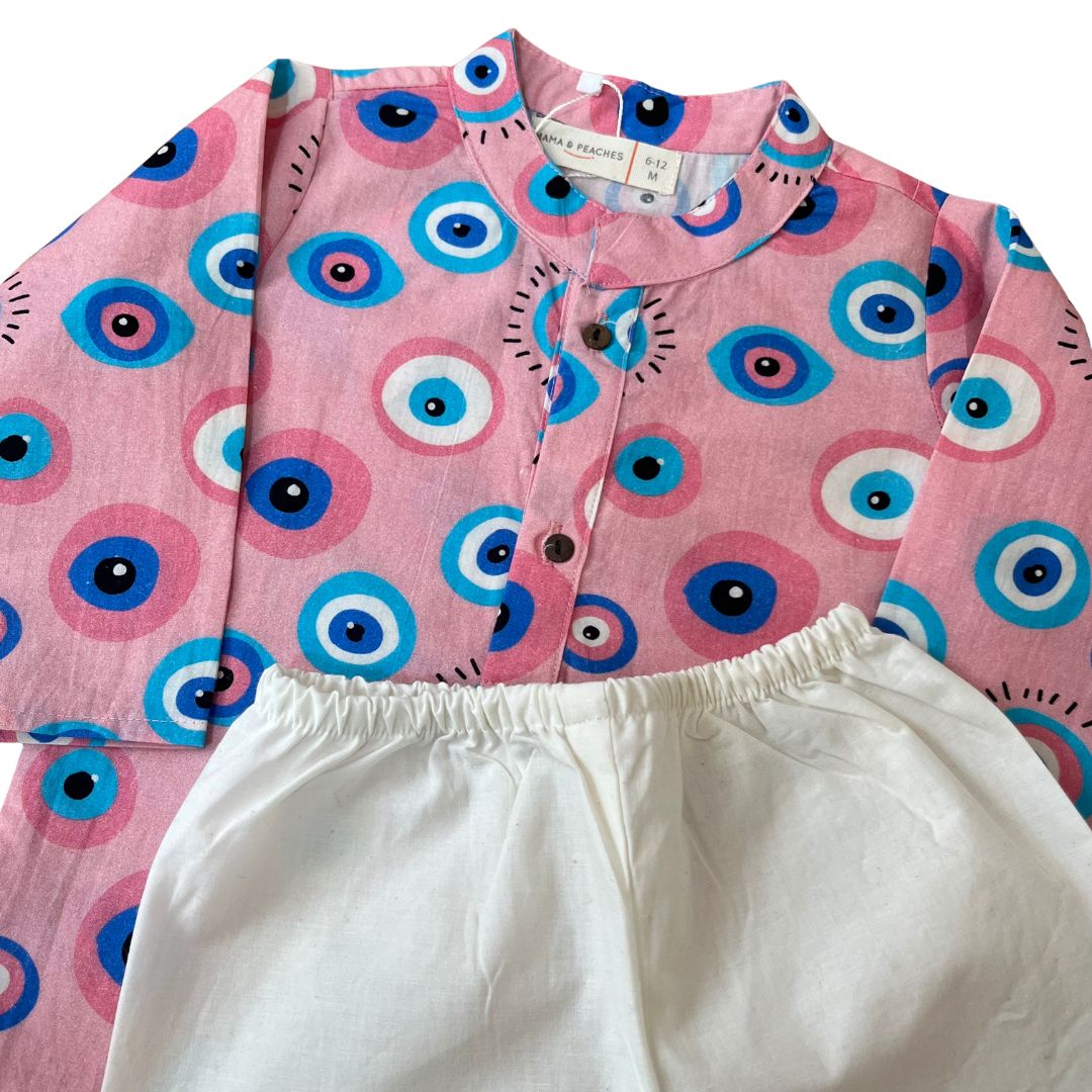 Pink Evil Eye Cotton Kurta Set