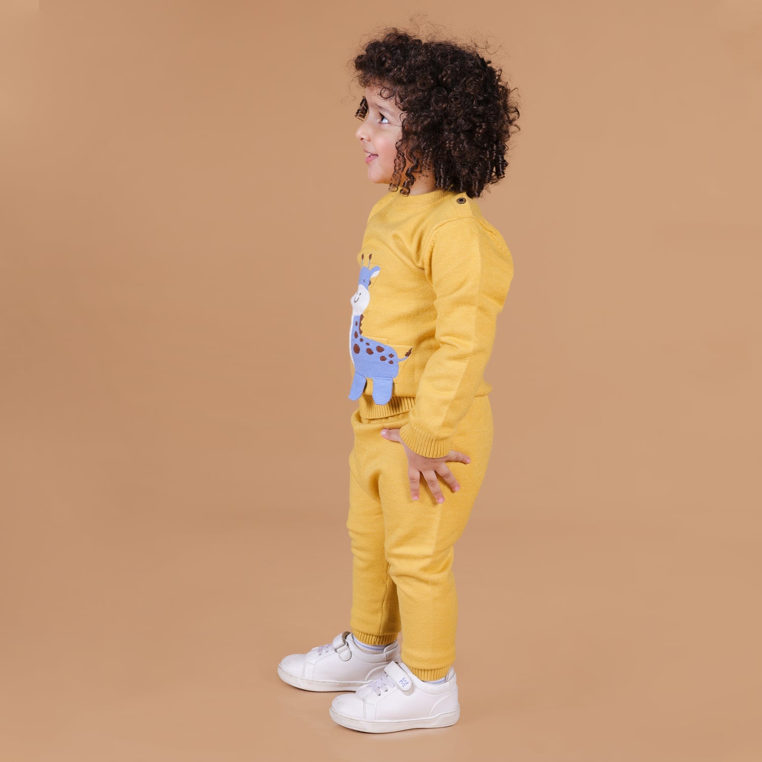 Cute Giraffe Knitted Winter Co-Ord Set - Mustard