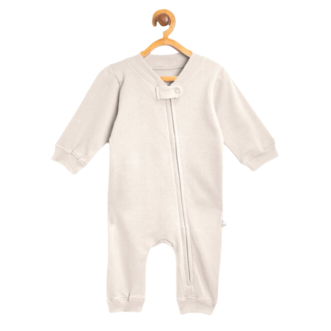 Kids Unisex White Solid Zipped Cotton Sleepsuit