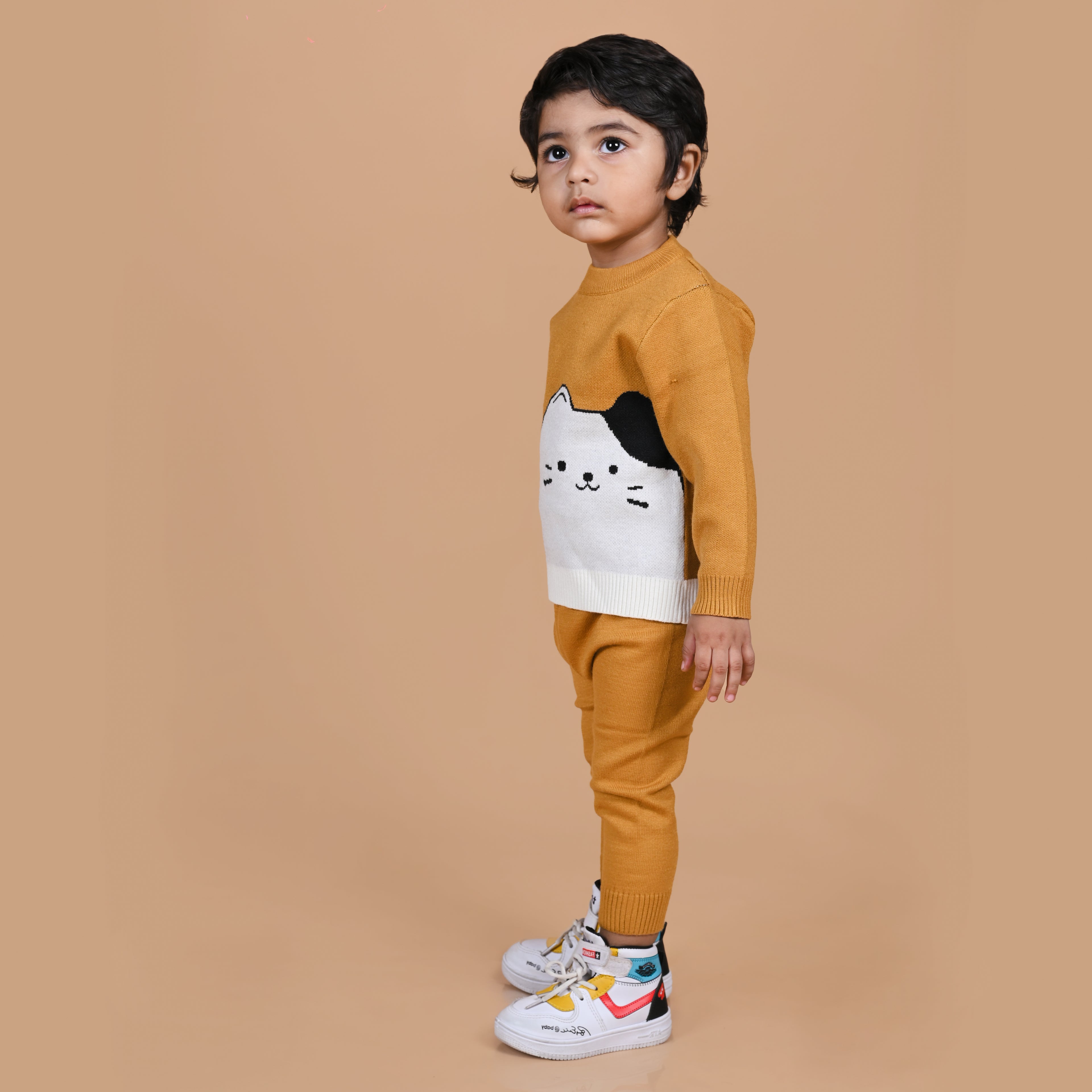 Cute Kitten Knitted Winter Co-Ord Set - Mustard