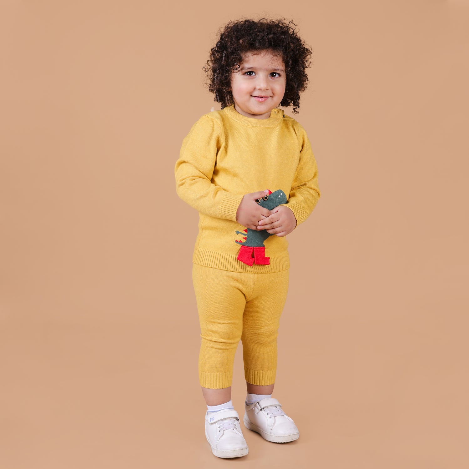 Mighty Dino Knitted Winter Co-Ord Set - Yellow