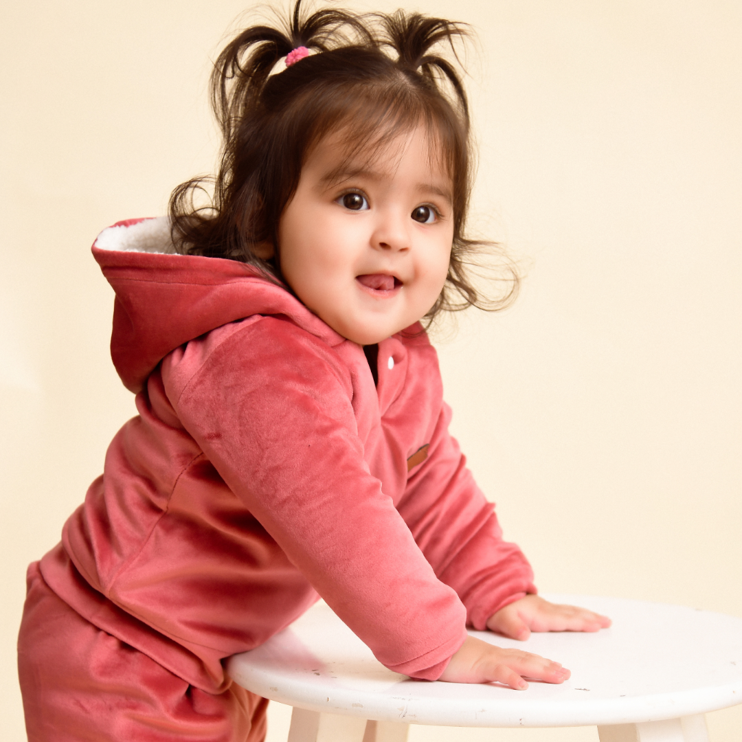 Rose Peach Teddy Velvet Co-ord Set with Sherpa