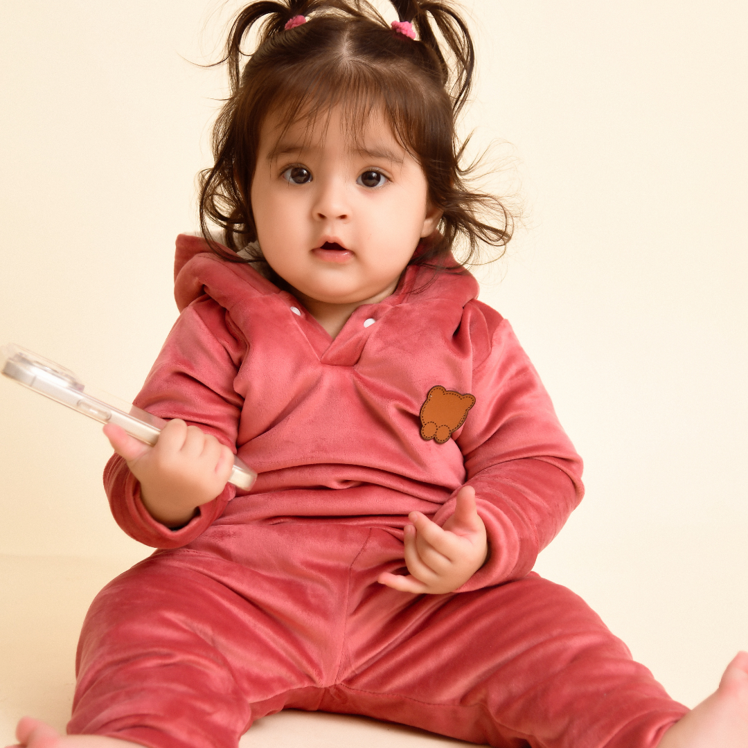 Rose Peach Teddy Velvet Co-ord Set with Sherpa