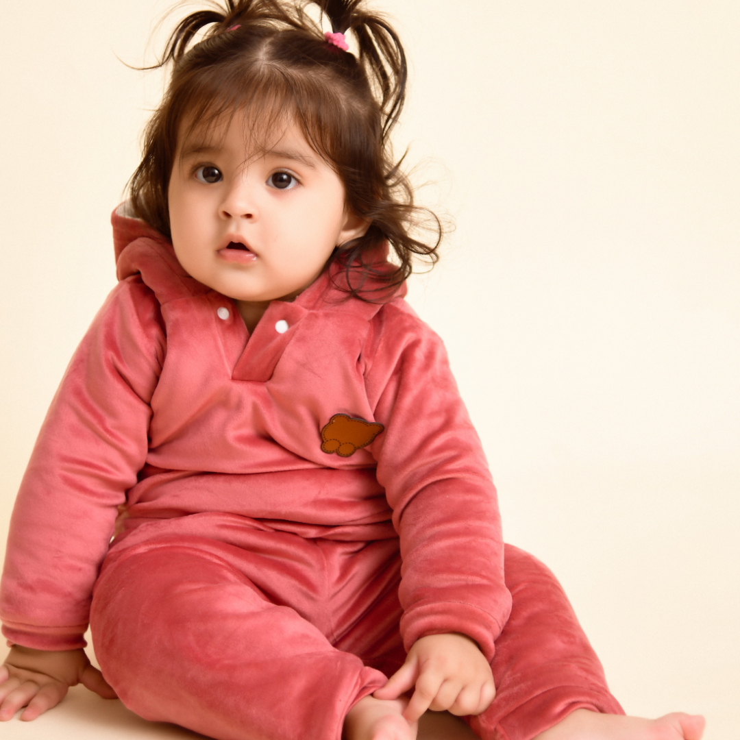 Rose Peach Teddy Velvet Co-ord Set with Sherpa