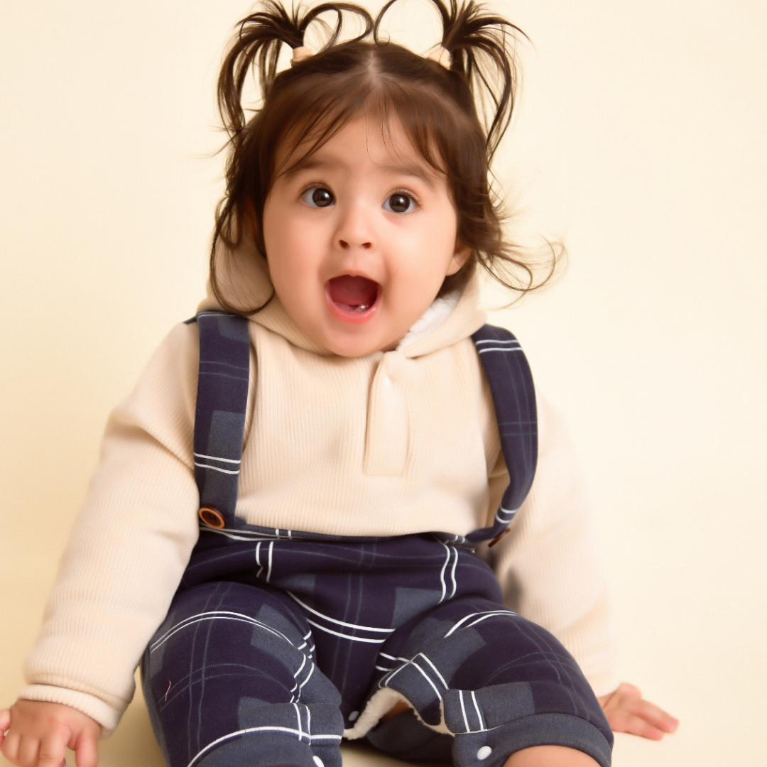 Blue Checks Corduroy Velvet Romper with Sherpa