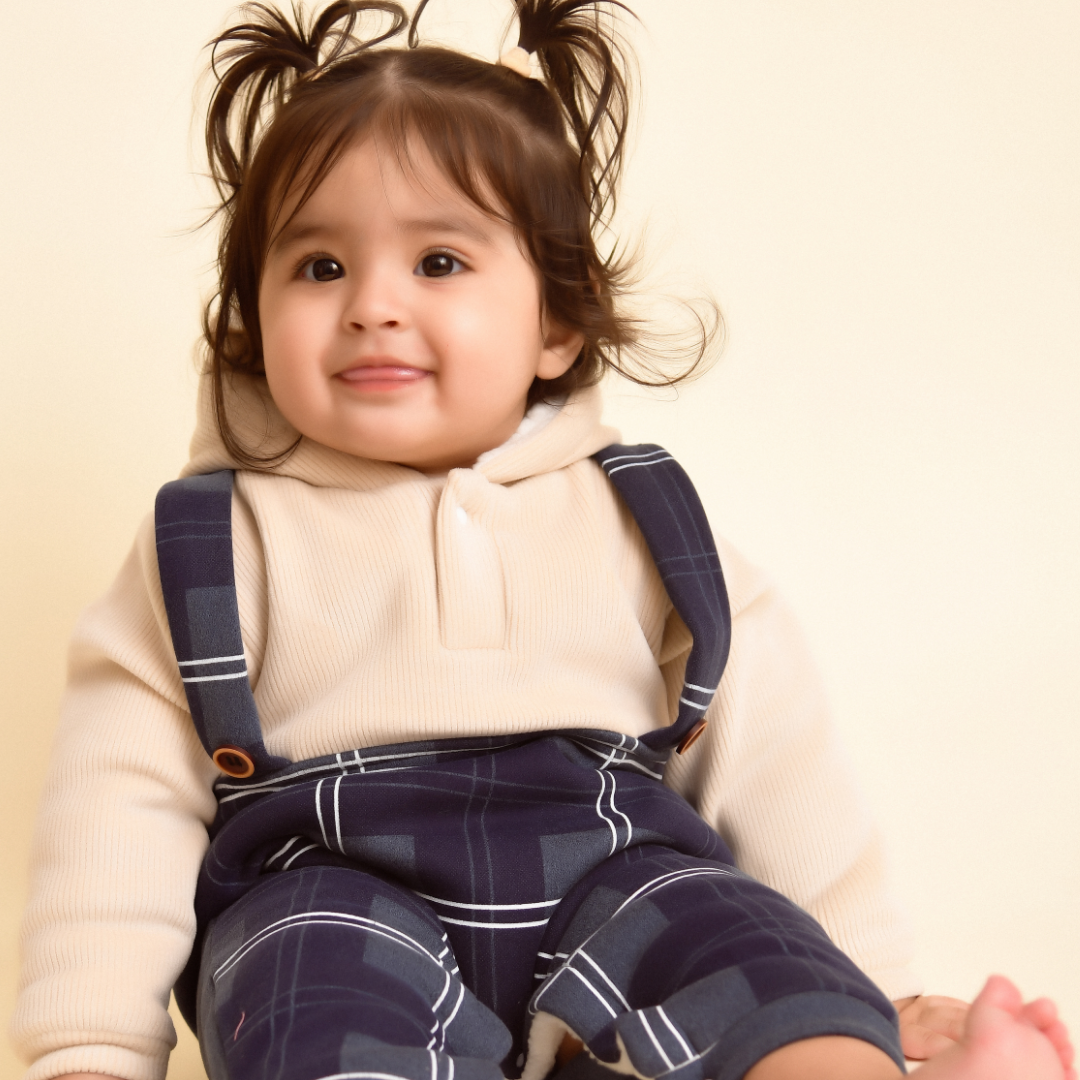 Blue Checks Corduroy Velvet Romper with Sherpa