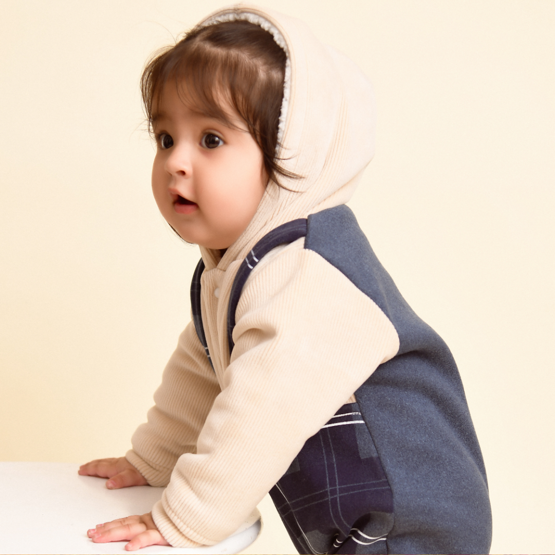 Blue Checks Corduroy Velvet Romper with Sherpa