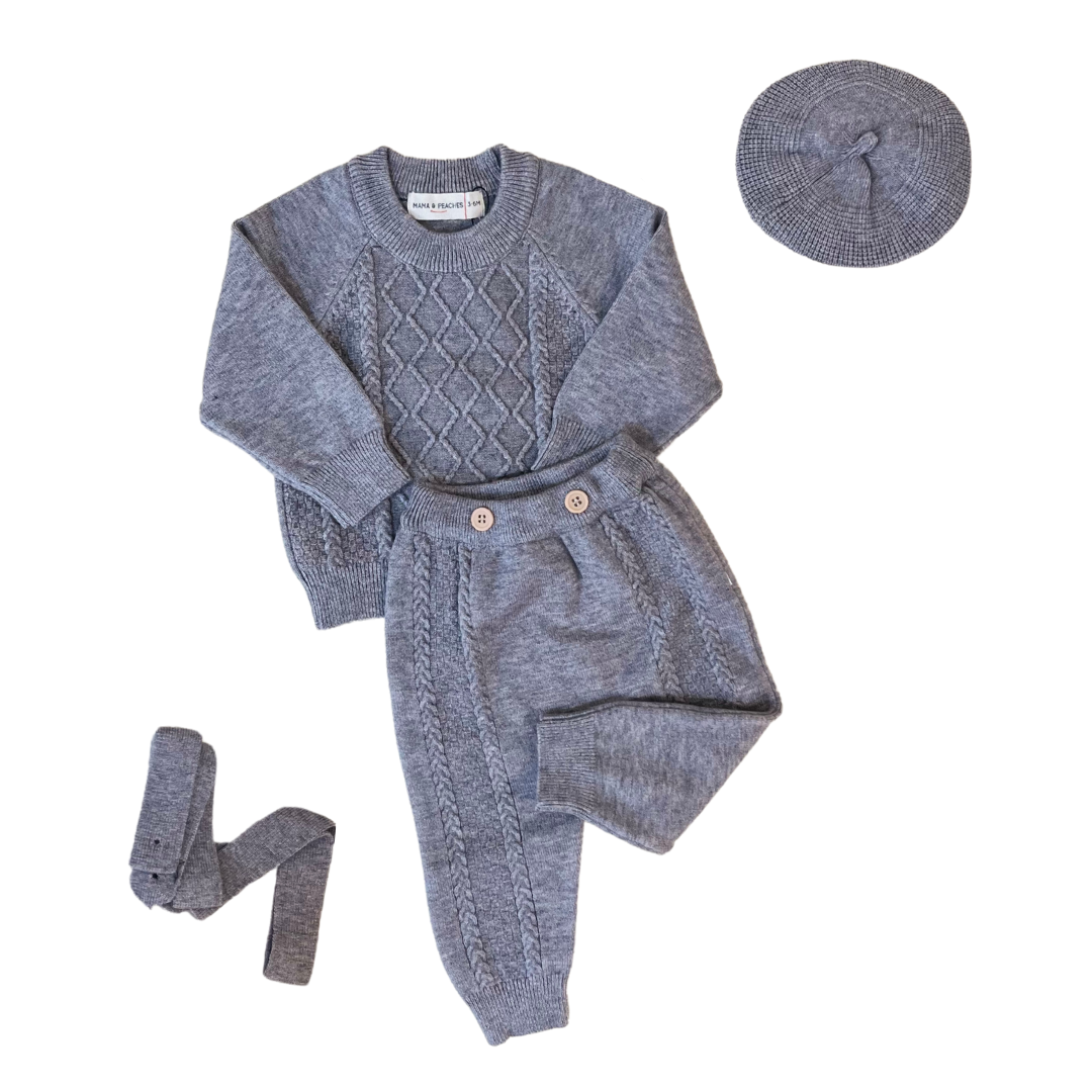 Grey Dungaree Knitted Co-ord Set with Cap