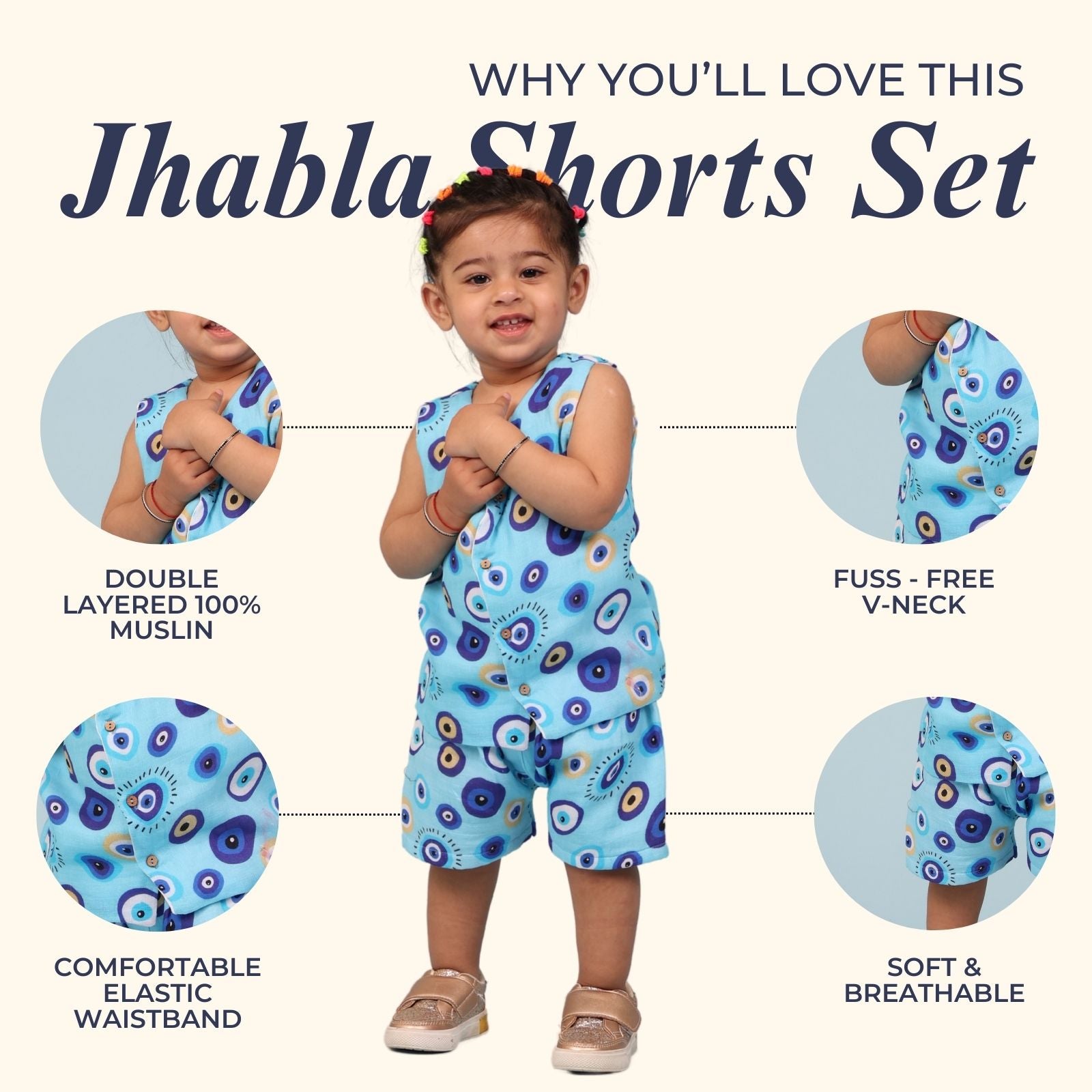 100% Cotton Muslin Jhabla Top with Shorts, Blue Evil Eye