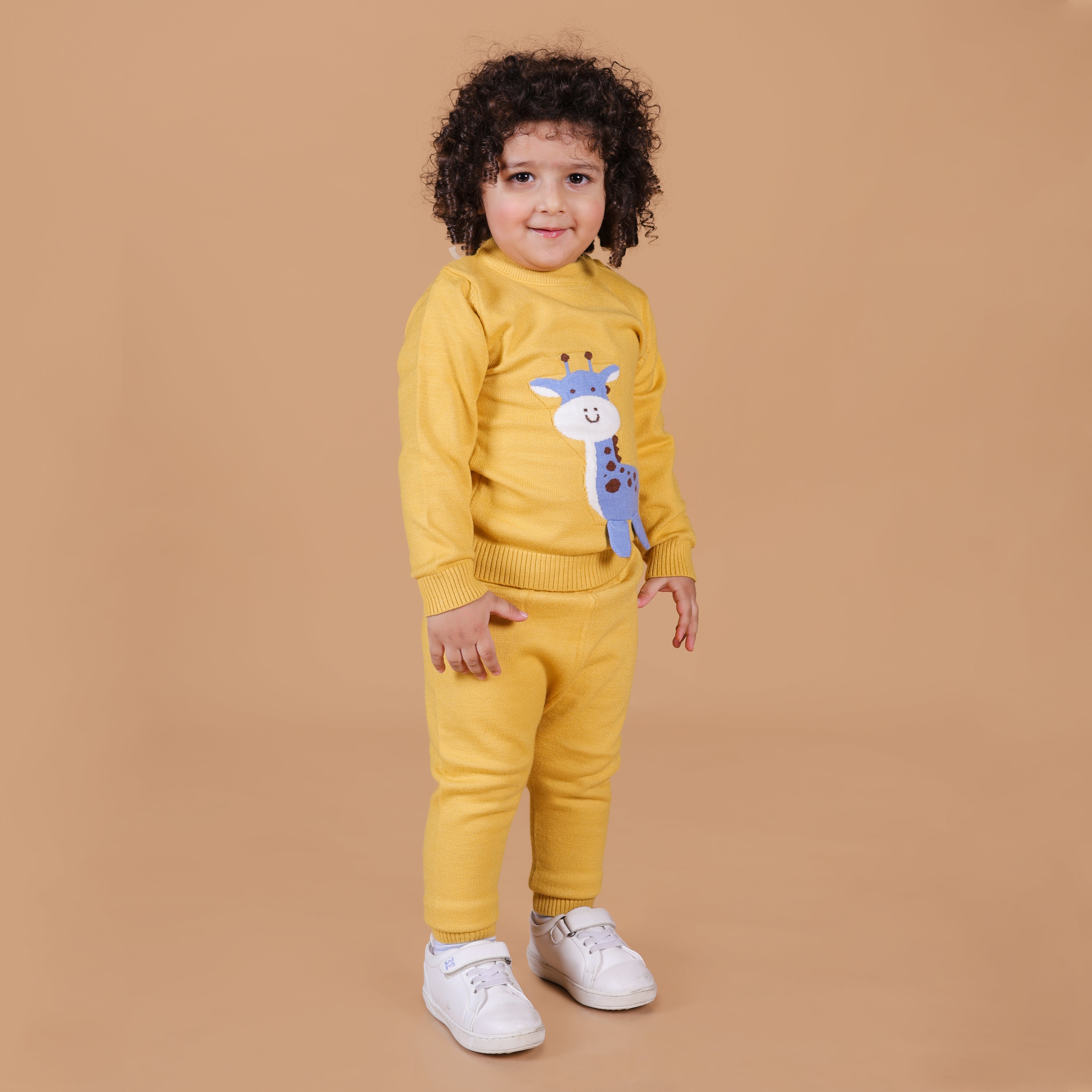 Cute Giraffe Knitted Winter Co-Ord Set - Mustard