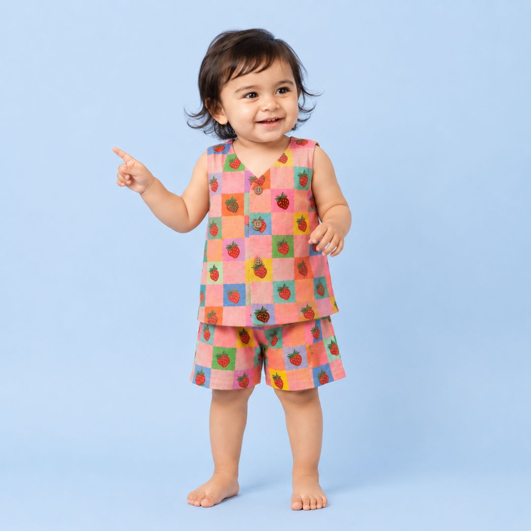 Cheerful Strawberries Jhabla Top with Shorts