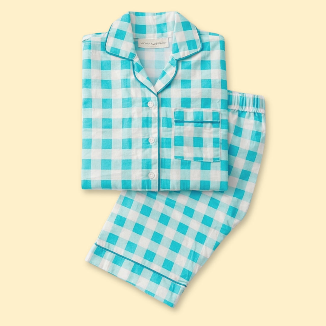 Blue Gingham Full Sleeves Night Suit for women, featuring a classic checked pattern and comfortable long sleeves.