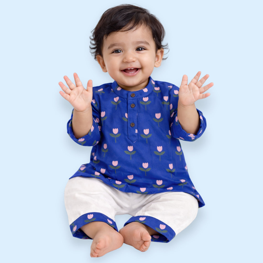 Pretty Flower Royal Blue Cotton Kurta Set